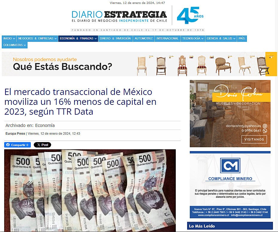 El mercado transaccional de Mxico moviliza un 16% menos de capital en 2023, segn TTR Data